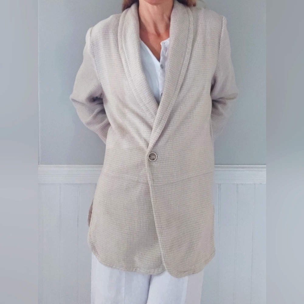 Coldwater Creek Cream & White Checkered Wool Blend Sweater Coat